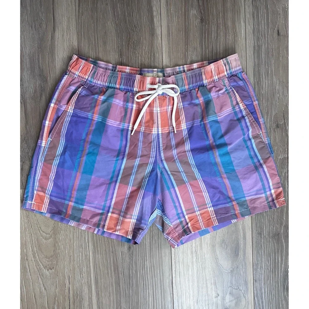 J.Crew Preppy Plaid Purple Orange Blue Board Shorts Medium Coastal Sunset Beachy